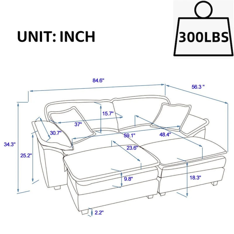 Canapé 2 places moderne en velours côtelé avec 4 coussins de soutien et 2 poufs