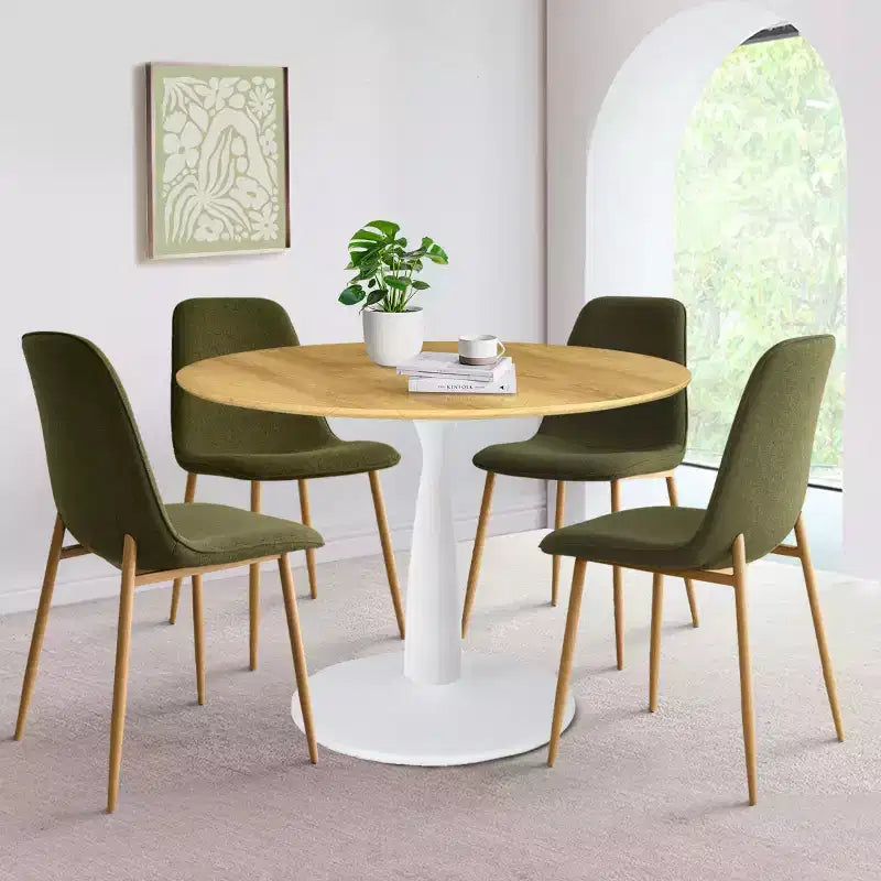 Ensemble de salle à manger rond 5 pièces, table piédestal 37" avec plateau aspect bois et chaises courbées rembourrées, style moderne-Panipeachy
