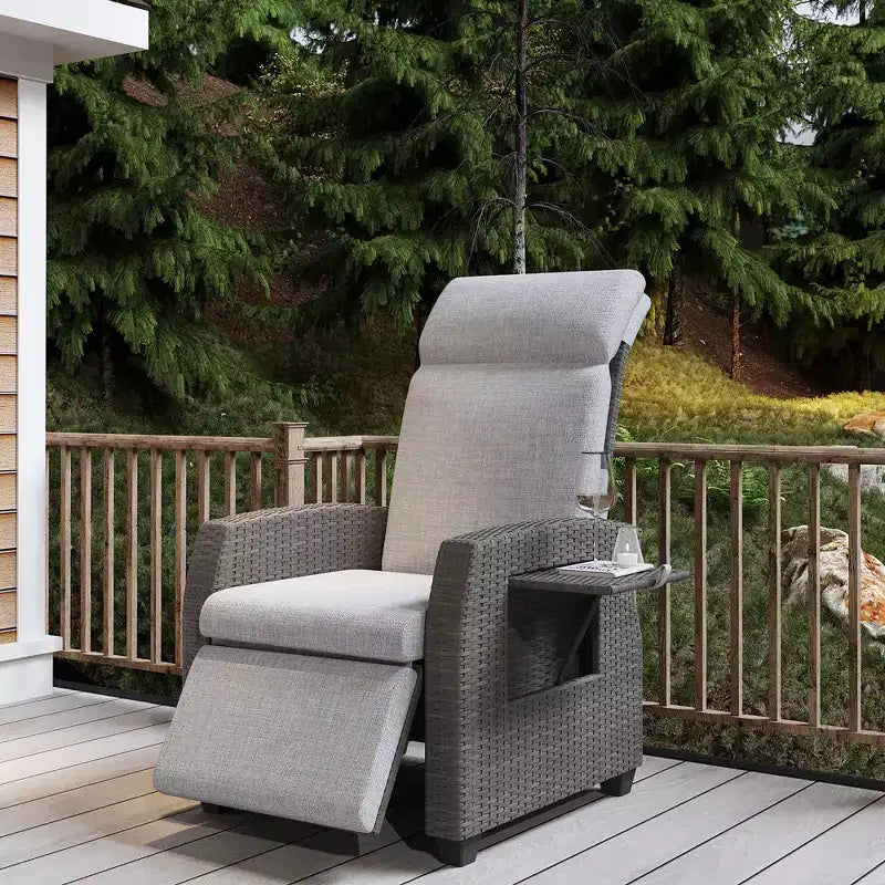 Fauteuil inclinable en osier intérieur/extérieur avec table rabattable, pompe à air, 155° à plat, chaise longue inclinable en osier réglable avec dossier et repose-pieds