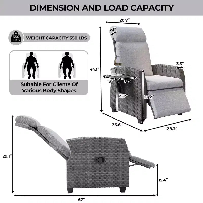 Fauteuil inclinable en osier intérieur/extérieur avec table rabattable, pompe à air, 155° à plat, chaise longue inclinable en osier réglable avec dossier et repose-pieds