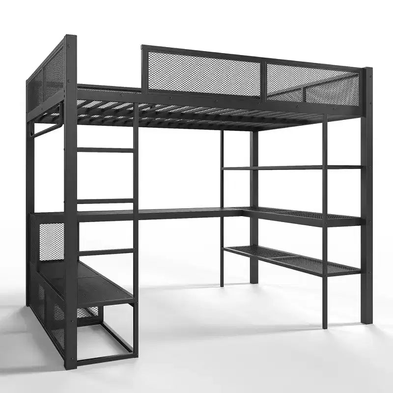 Bellemave Lit mezzanine queen en métal avec bureau, étagères de rangement et tringle à vêtements, cadre de lit mezzanine peu encombrant avec garde-corps et échelle, sans sommier tapissier, noir