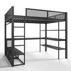 Bellemave Lit mezzanine queen en métal avec bureau, étagères de rangement et tringle à vêtements, cadre de lit mezzanine peu encombrant avec garde-corps et échelle, sans sommier tapissier, noir