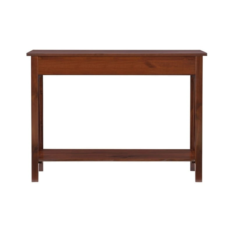 Console en bois marron tabac antique avec tiroir et étagère ouverte