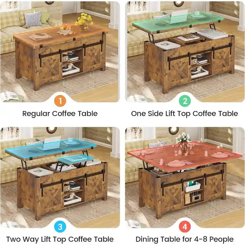 Table basse relevable 2 portes coulissantes style grange Table à manger avec rangement