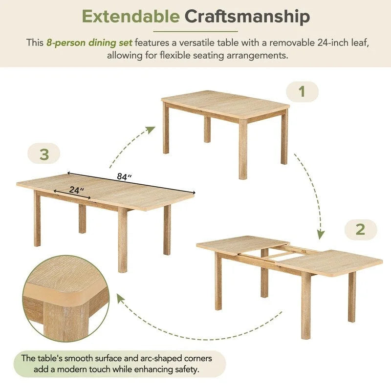 Ensemble de salle à manger extensible 9 pièces avec rallonge amovible de 61 cm, 6 chaises de salle à manger sans accoudoirs rembourrées et 2 fauteuils rembourrés