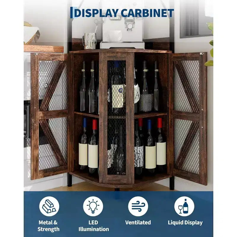 Meuble de bar d'angle Garvee à 5 niveaux, meuble à liqueurs de 181,6 cm de haut avec lumières LED pour la maison