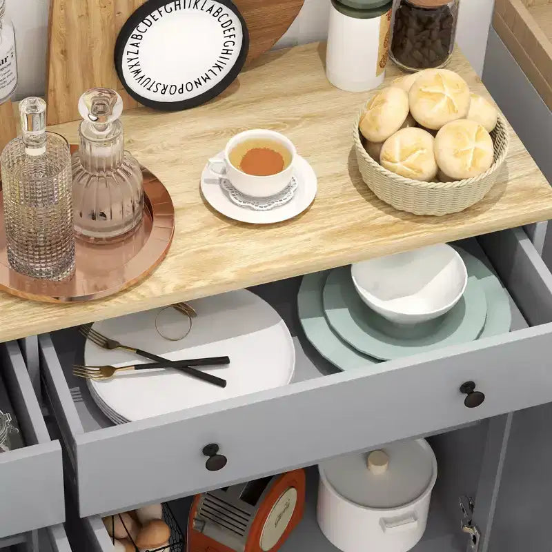Buffet bas HOMCOM avec rangements, Meuble de cuisine moderne avec 4 portes, 2 tiroirs et 2 étagères réglables, Meuble de bar à café