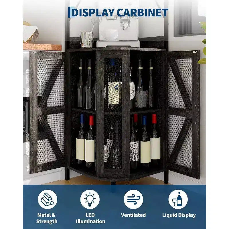 Meuble de bar d'angle Garvee à 5 niveaux, meuble à liqueurs de 181,6 cm de haut avec lumières LED pour la maison