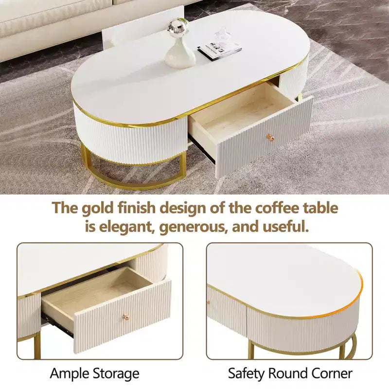 Table basse moderne 47W avec tiroirs, design profilé incurvé, pieds en métal doré, ovale, blanc+doré-ModernLuxe