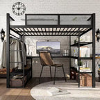 Bellemave Lit mezzanine queen en métal avec bureau, étagères de rangement et tringle à vêtements, cadre de lit mezzanine peu encombrant avec garde-corps et échelle, sans sommier tapissier, noir