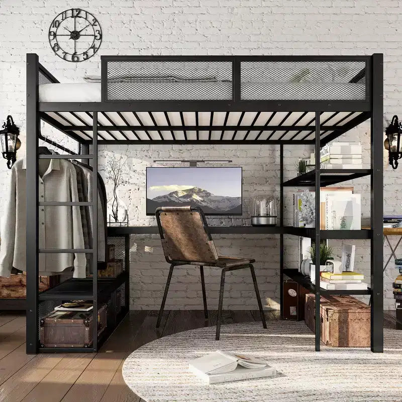 Bellemave Lit mezzanine queen en métal avec bureau, étagères de rangement et tringle à vêtements, cadre de lit mezzanine peu encombrant avec garde-corps et échelle, sans sommier tapissier, noir