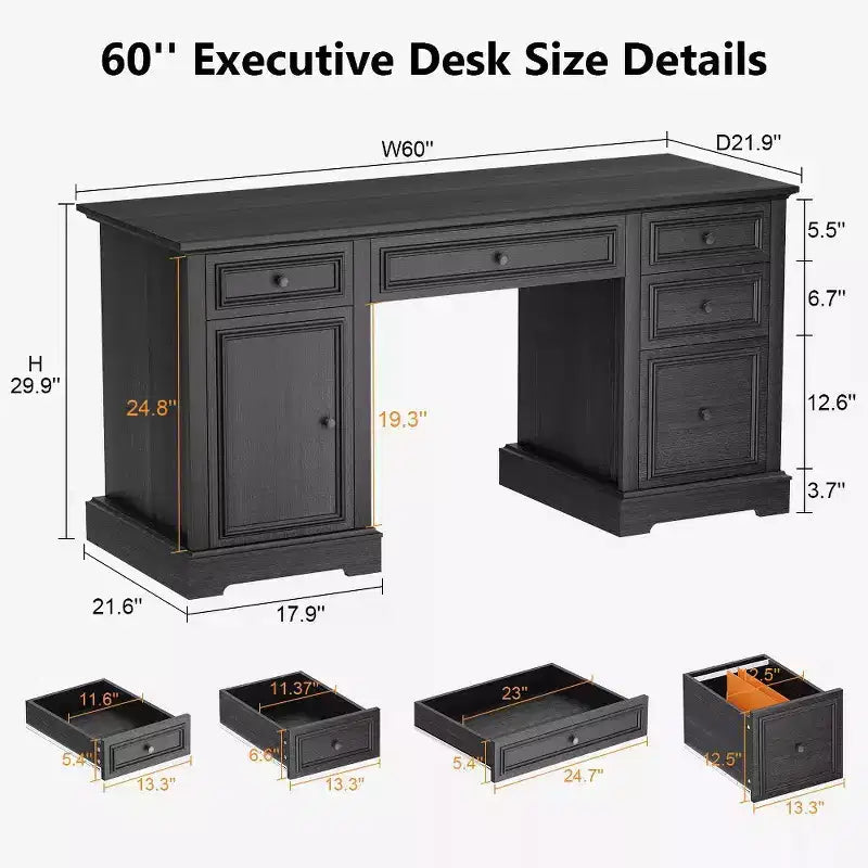 Bureau exécutif 60 po de style campagnard pour bureau à domicile – Bureau d'écriture en bois avec tiroirs, rangement d'armoire, bureau rustique pour le travail et les études