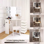 Coiffeuse d'angle avec lumières, table de maquillage avec prise de courant et tiroirs rotatifs pour chambre à coucher
