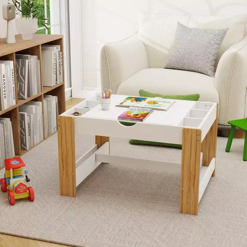 Table d'activités 2-en-1 pour enfants avec 7 compartiments de rangement - Table de blocs de construction LEGO compatible et tableau blanc, blanc et vert