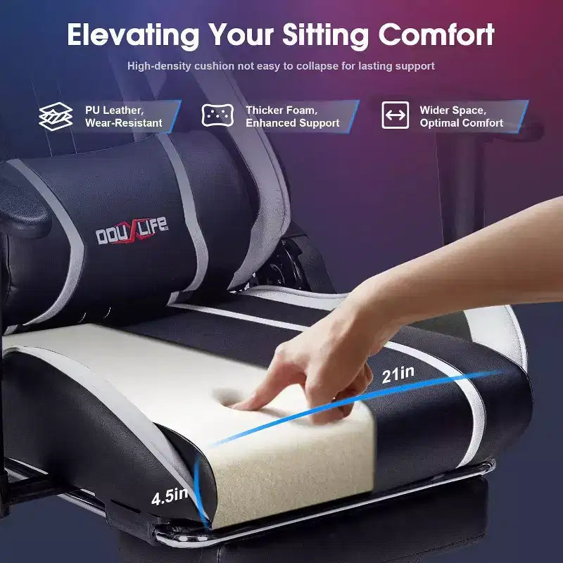 Douxlife Fauteuil de Jeu Ergonomique Moderne avec Massage à 7 Points, Repose-Pieds et Accoudoirs Réglables Noir et Blanc