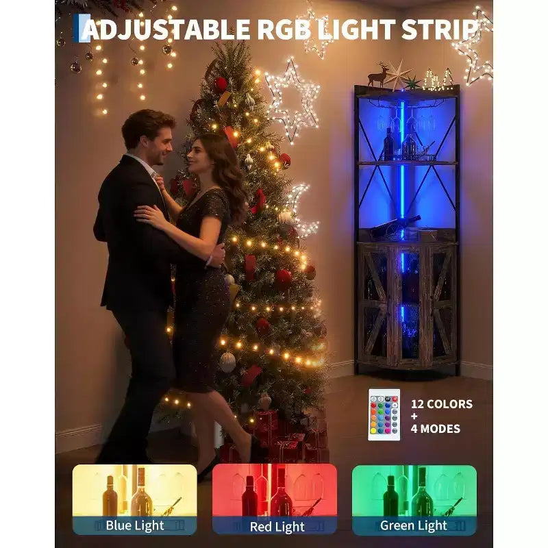 Meuble de bar d'angle Garvee à 5 niveaux, meuble à liqueurs de 181,6 cm de haut avec lumières LED pour la maison