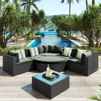 Ensemble de canapé d'extérieur moderne en osier 7 pièces avec table basse, coussins et oreillers rayés, idéal pour le patio, le jardin, la terrasse