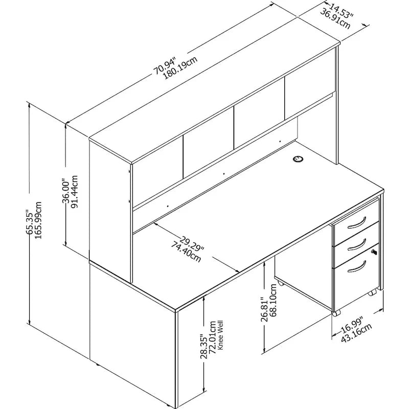 Bureau de 72 po avec huche et caisson mobile à 3 tiroirs
