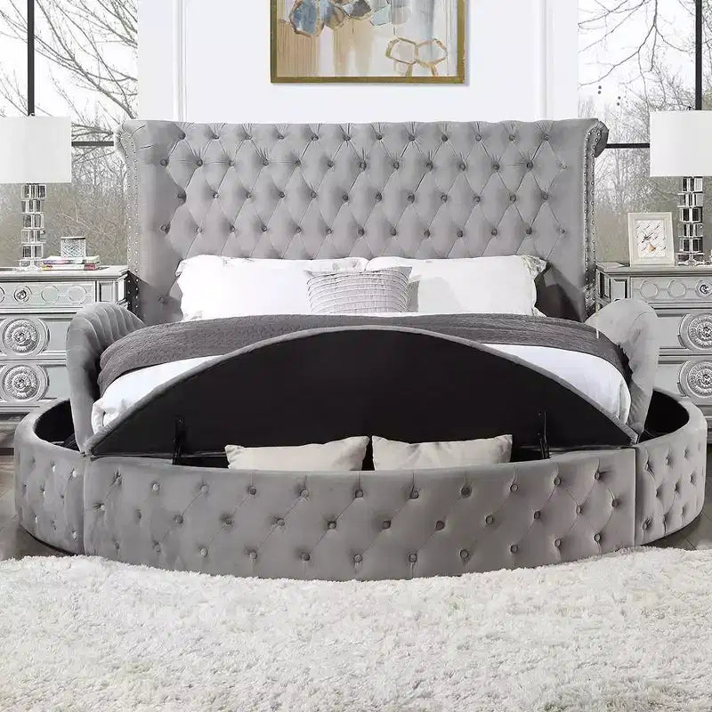 Lit Queen 109 Gaiva, velours gris - Acme Furniture : Design élégant avec clous décoratifs et capitonnage à boutons, cadre en bois composite