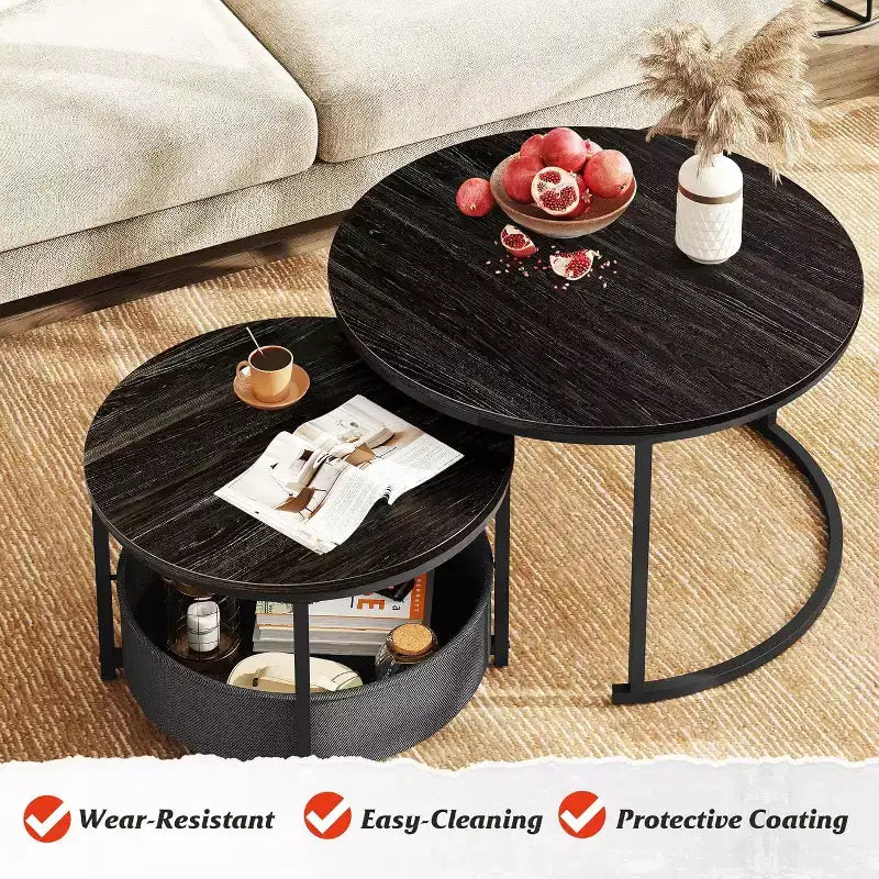GALAXHERO Lot de 2 tables basses rondes gigognes - Tables d'appoint de 80 cm avec rangement et cadre métallique pour salon/appartement