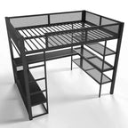 Bellemave Lit mezzanine queen en métal avec bureau, étagères de rangement et tringle à vêtements, cadre de lit mezzanine peu encombrant avec garde-corps et échelle, sans sommier tapissier, noir