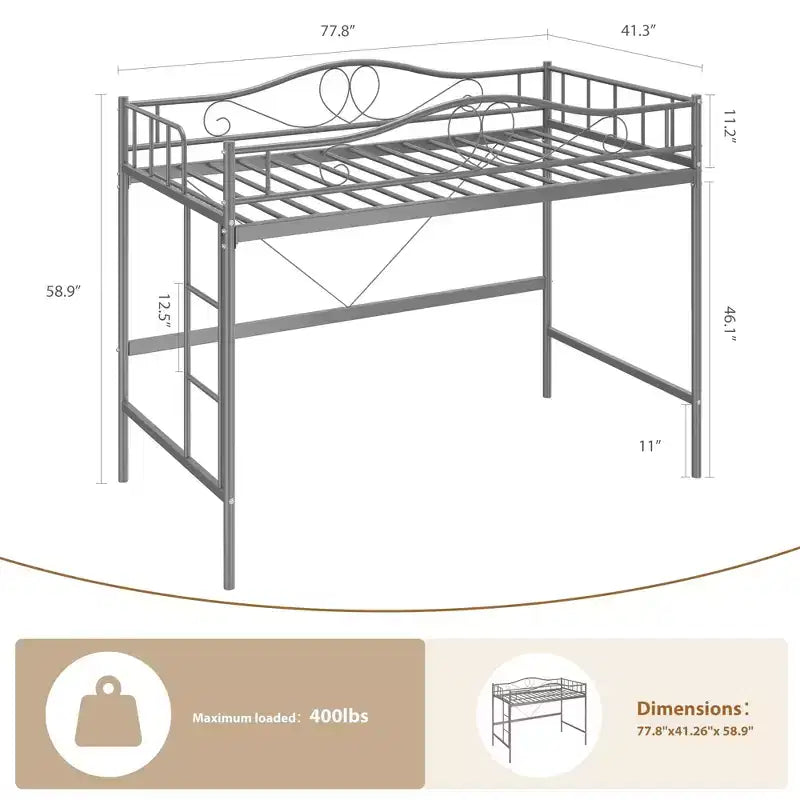 Lit mezzanine double avec échelle amovible et garde-corps de sécurité intégral, lit mezzanine double avec cadre en métal robuste d'une capacité de 180 kg, gain de place.