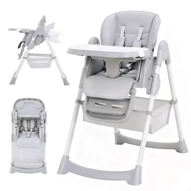 Chaise haute pliable pour bébés et tout-petits, chaise haute en cuir PU avec dossier réglable, hauteur d'assise, plateau amovible, harnais de sécurité 5 points et roues verrouillables
