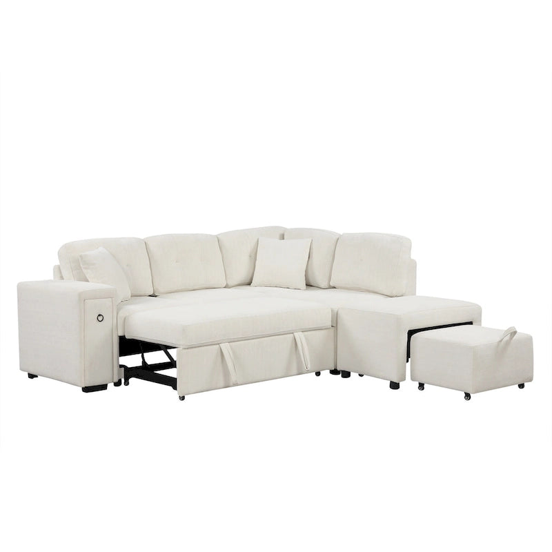 Canapé d'angle 4 places avec lit gigogne, pouf, ports USB et tablette rabattable