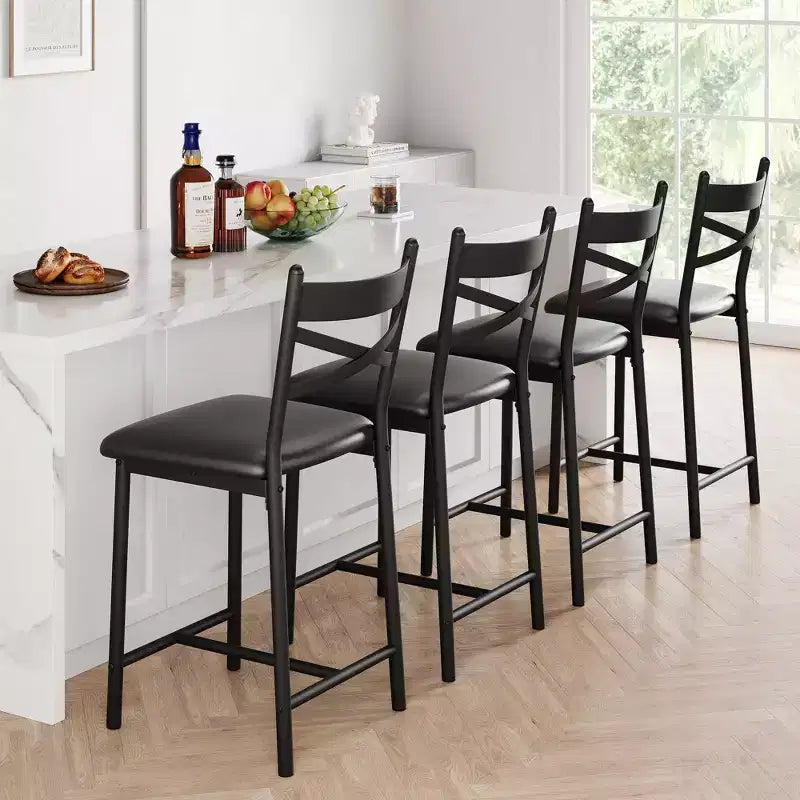 Lot de 4 tabourets de bar, chaises de bar rembourrées en PU, chaises d'îlot de cuisine avec dossier en X et repose-pieds en métal, chaises de comptoir noires