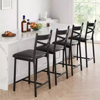 Lot de 4 tabourets de bar, chaises de bar rembourrées en PU, chaises d'îlot de cuisine avec dossier en X et repose-pieds en métal, chaises de comptoir noires