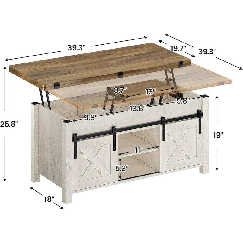 Table basse relevable 2 portes coulissantes style grange Table à manger avec rangement