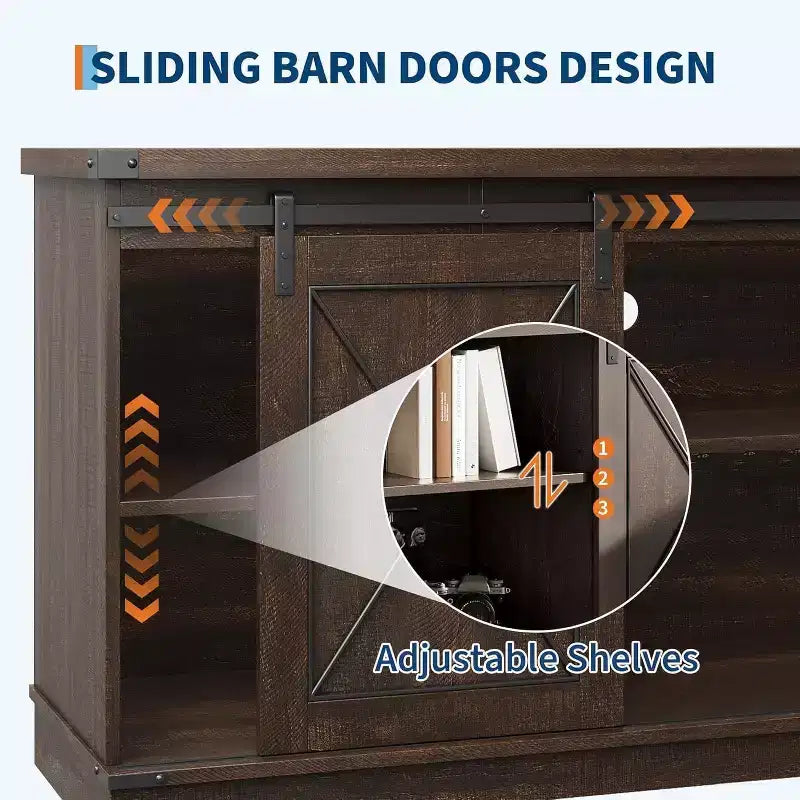 Meuble TV de style ferme pour téléviseurs jusqu'à 65 pouces, meuble de divertissement avec portes coulissantes de grange et armoires de rangement, console multimédia pour salon, chambre à coucher