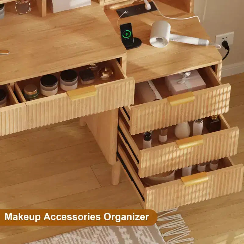 Coiffeuse avec prise de courant, Grande coiffeuse moderne cannelée avec miroir éclairé HD 23,6 pouces, 5 tiroirs et étagère de rangement