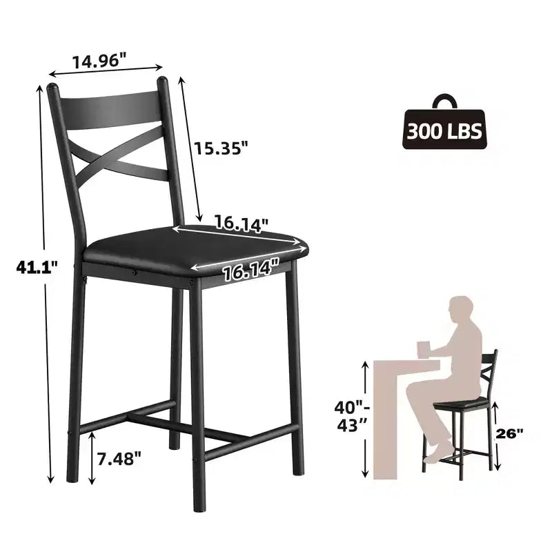 Lot de 4 tabourets de bar, chaises de bar rembourrées en PU, chaises d'îlot de cuisine avec dossier en X et repose-pieds en métal, chaises de comptoir noires