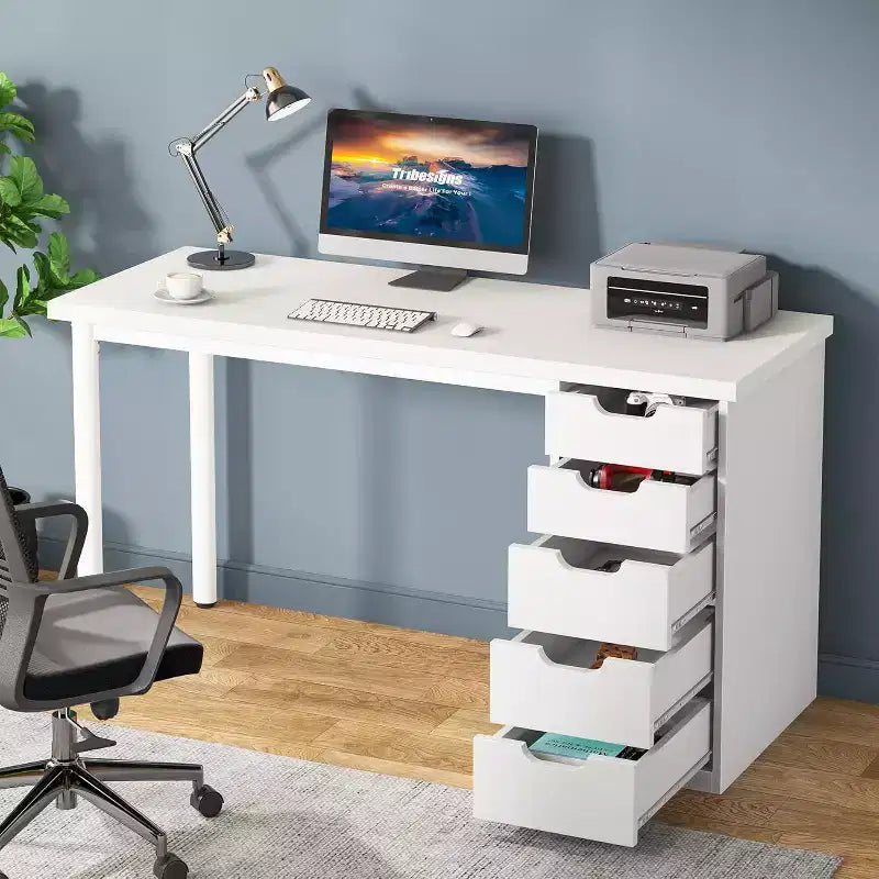 Bureau d'ordinateur Lantine avec 5 tiroirs, bureau moderne et simple de 119 cm pour la maison, le bureau et l'étude, idéal pour les petits espaces