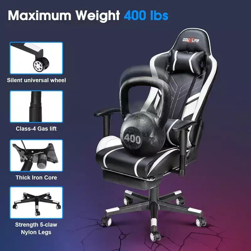 Douxlife Fauteuil de Jeu Ergonomique Moderne avec Massage à 7 Points, Repose-Pieds et Accoudoirs Réglables Noir et Blanc