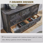 Commode 7 tiroirs de 54 po pour chambre à coucher, coffre de rangement rustique vintage pour salon et couloir