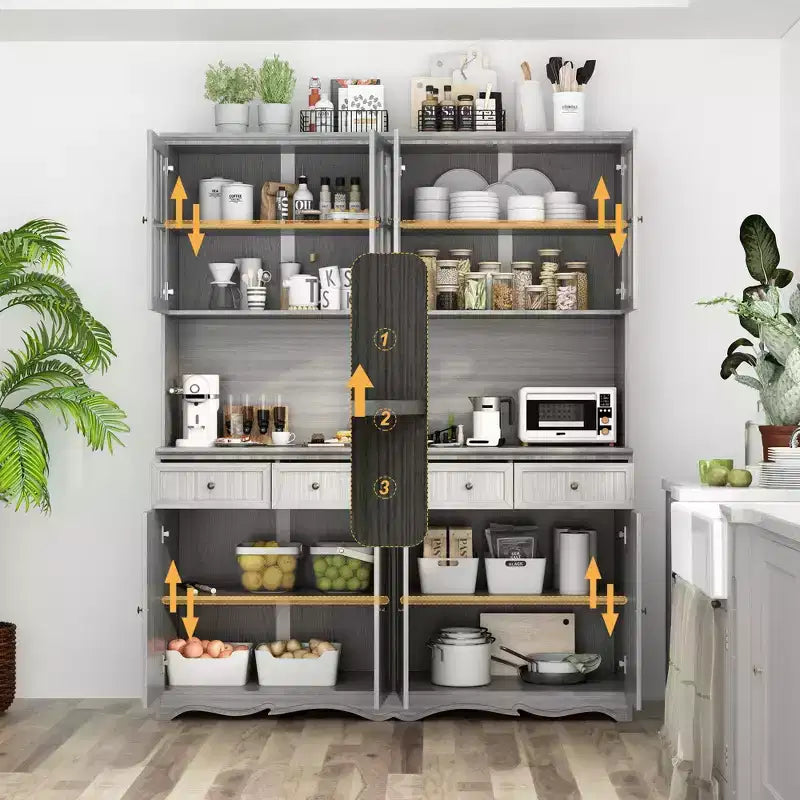 Famapy 61.2W Armoire de rangement grise Buffet Vaisselier de cuisine avec garniture de base ornée : Alliance d'élégance et d'utilité