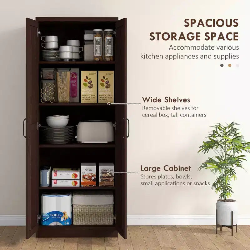 Garde-manger de cuisine 2 portes de 160 cm, meuble de rangement autoportant avec 5 étagères et 2 étagères réglables pour salle à manger