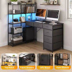 Bureau d'ordinateur en L de 120 cm avec 6 tiroirs et 5 étagères, bureau de jeu d'angle réversible avec lumières LED et prises de courant