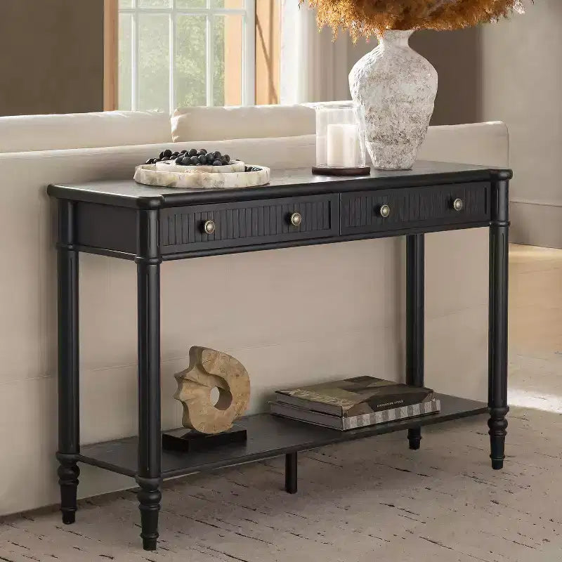 Console 47,2" en noyer avec 2 tiroirs cannelés et étagère inférieure