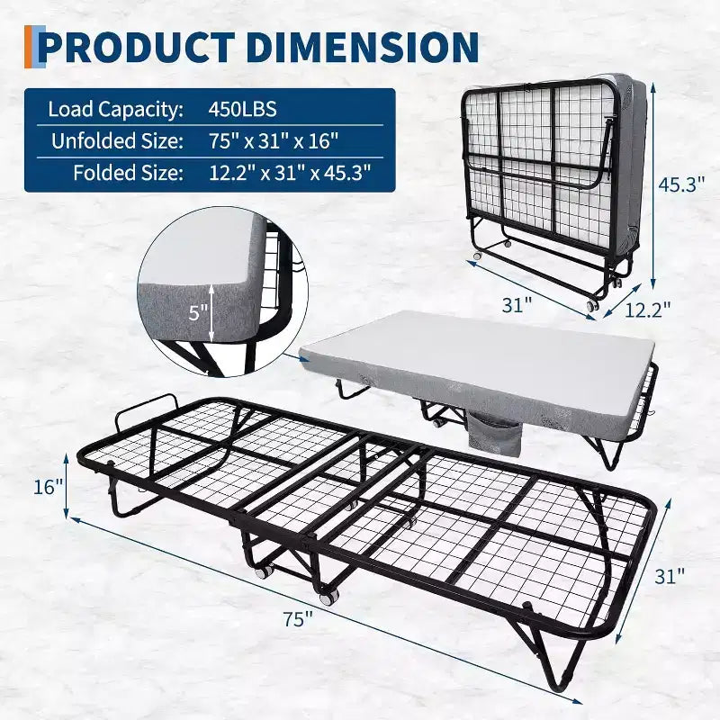 Lit pliant avec matelas pour adultes, lits d'appoint portables, lit pliant avec cadre en métal, matelas en mousse à mémoire de forme 5 et poche de rangement latérale