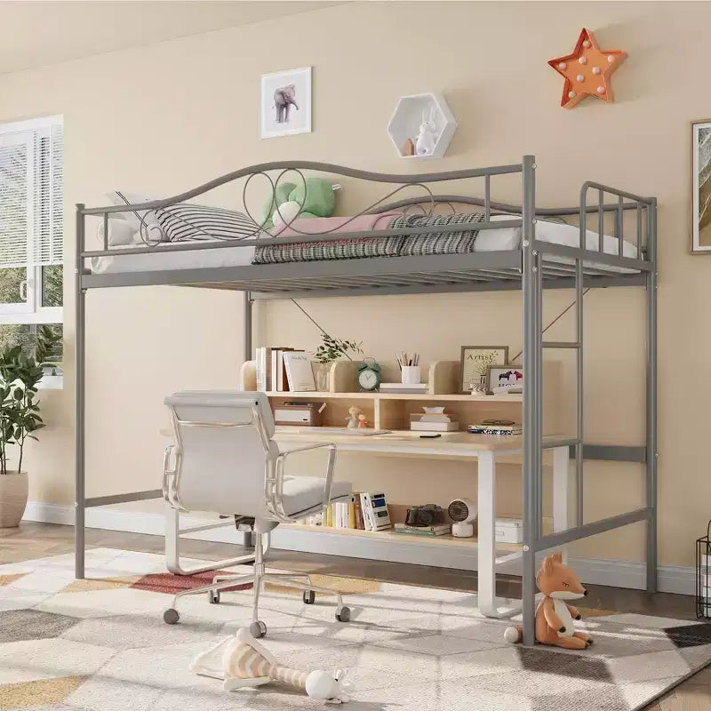 Lit mezzanine double avec échelle amovible et garde-corps de sécurité intégral, lit mezzanine double avec cadre en métal robuste d'une capacité de 180 kg, gain de place.