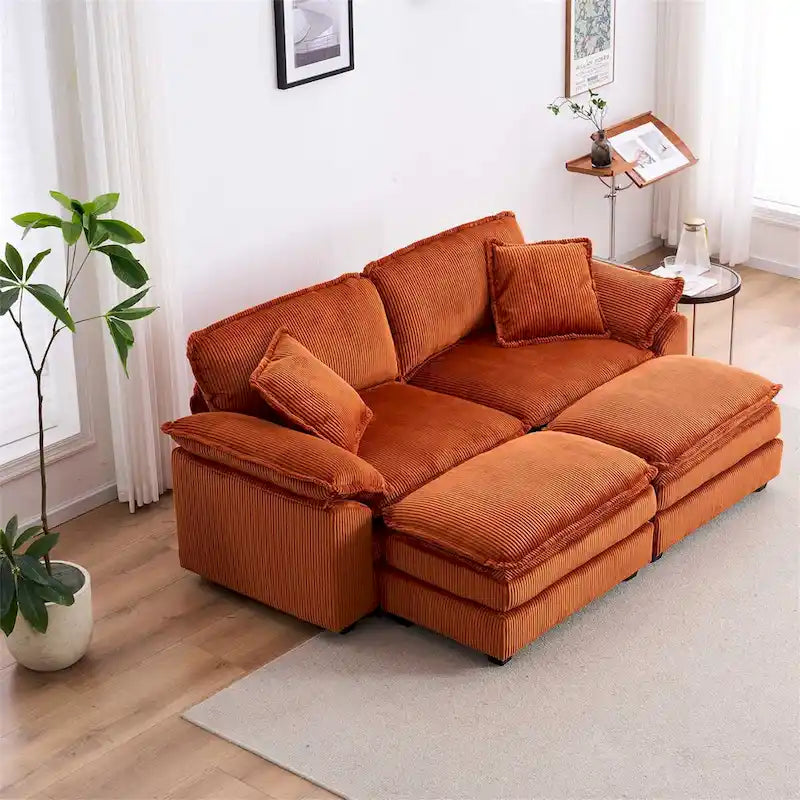 Canapé 2 places moderne en velours côtelé avec 4 coussins de soutien et 2 poufs