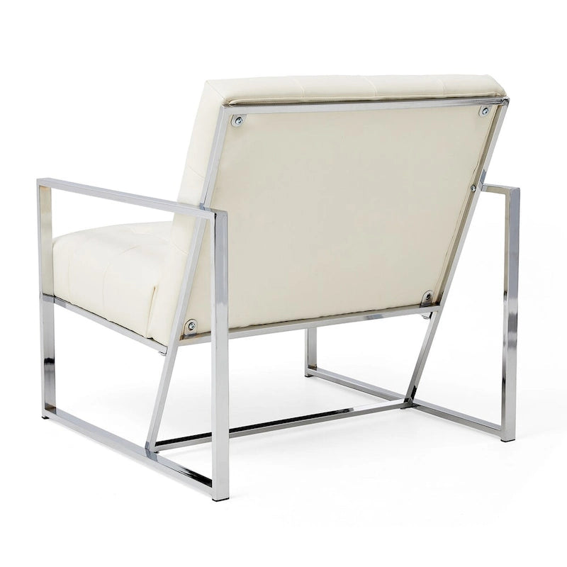 Glitzhome Fauteuil d'appoint touffeté en cuir PU crème, style milieu de siècle, 77,5 cm de hauteur, avec cadre chromé