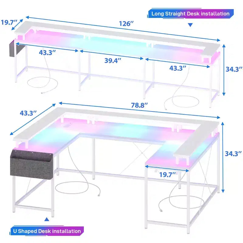 COZONY Bureau de jeu en forme de U/L 78", bureau d'ordinateur réversible avec prises de courant, lumières LED, support de moniteur et étagère de rangement, bureau d'angle pour le bureau à domicile