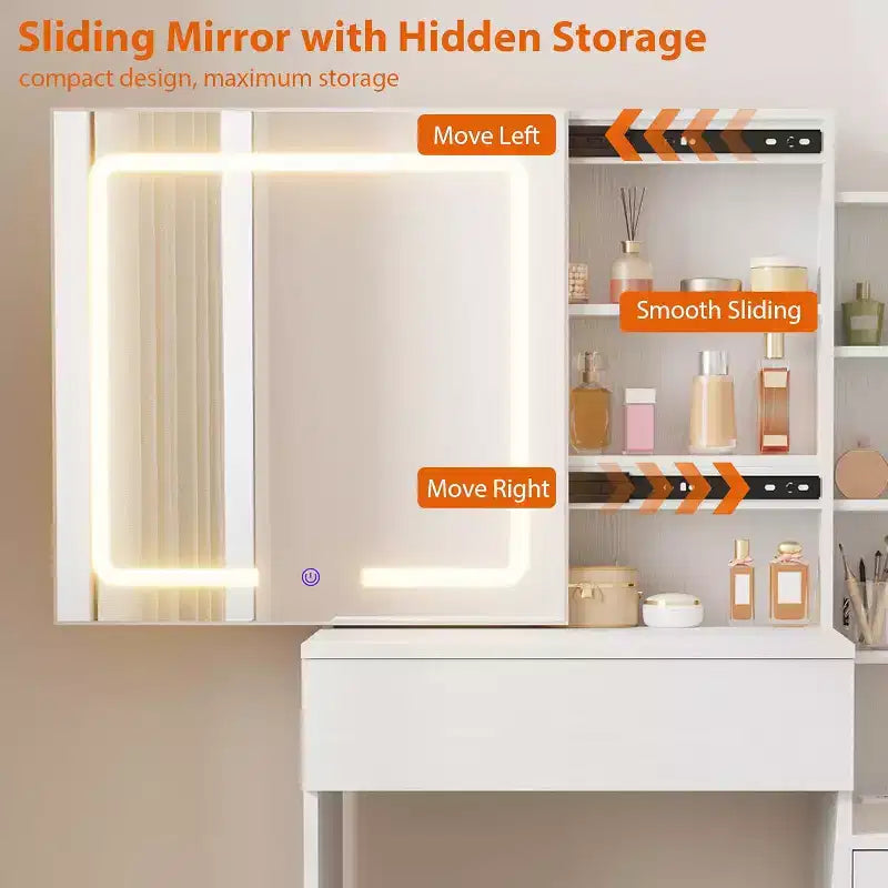 Coiffeuse moderne DobleePy avec miroir coulissant et lumières LED, 4 tiroirs, 7 étagères, station de recharge et tabouret, table de maquillage pour chambre à coucher