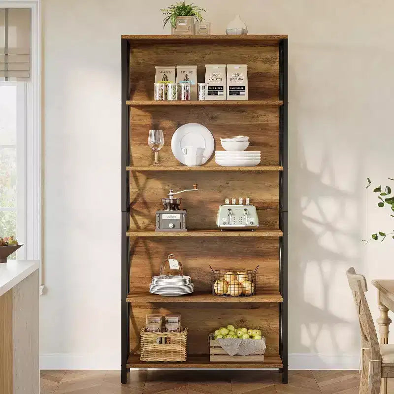 Bibliothèque industrielle Lantine 70.87, étagère à 6 niveaux avec cadre métallique géométrique et étagères de rangement ouvertes pour bureau à domicile, salon, marron