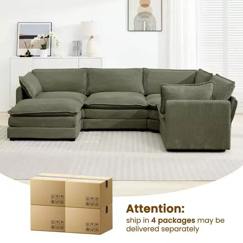 Canapé modulaire moderne 5 places en velours côtelé, surdimensionné, 113,4 po (L) x 79,13 po (l), avec pouf, canapé en U avec coin salon, HYLEORY