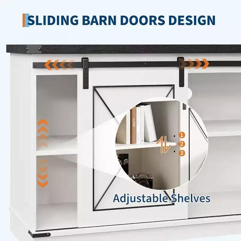 Meuble TV de style ferme pour téléviseurs jusqu'à 65 pouces, meuble de divertissement avec portes coulissantes de grange et armoires de rangement, console multimédia pour salon, chambre à coucher